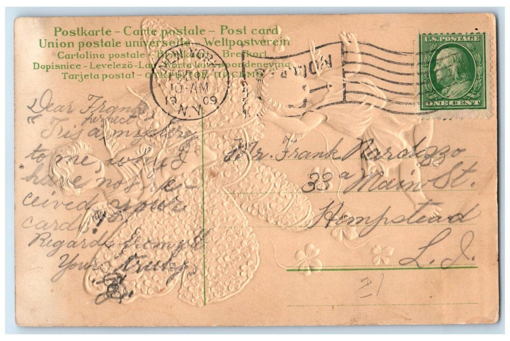 1909 Happy Return Angels Riding Butterfly Covered Flowers Embossed Postcard