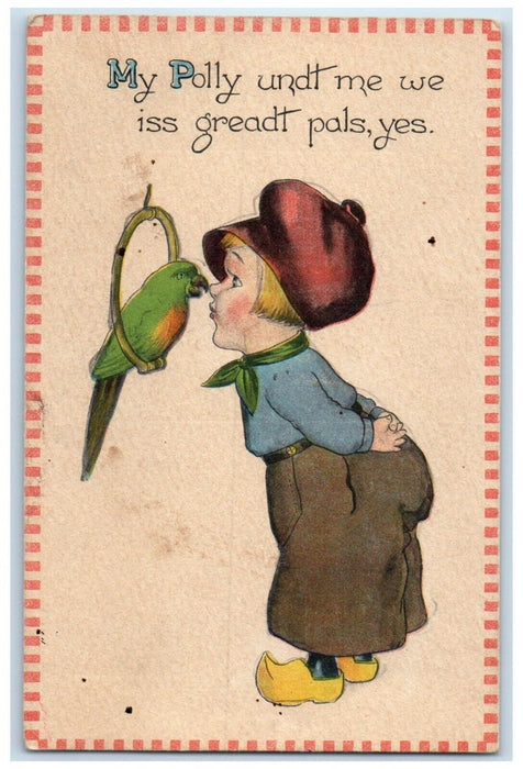 c1910's Dutch Boy Parrot Kissing His Nose Unposted Antique Postcard