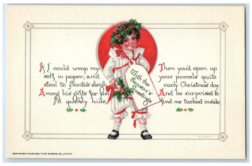 c1910's Christmas Greetings Girl Berries Crown Tuck's Unposted Antique Postcard