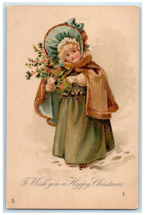 1904 Christmas Pretty Woman Bonnet Holly Berries Reading PA Tuck's Postcard