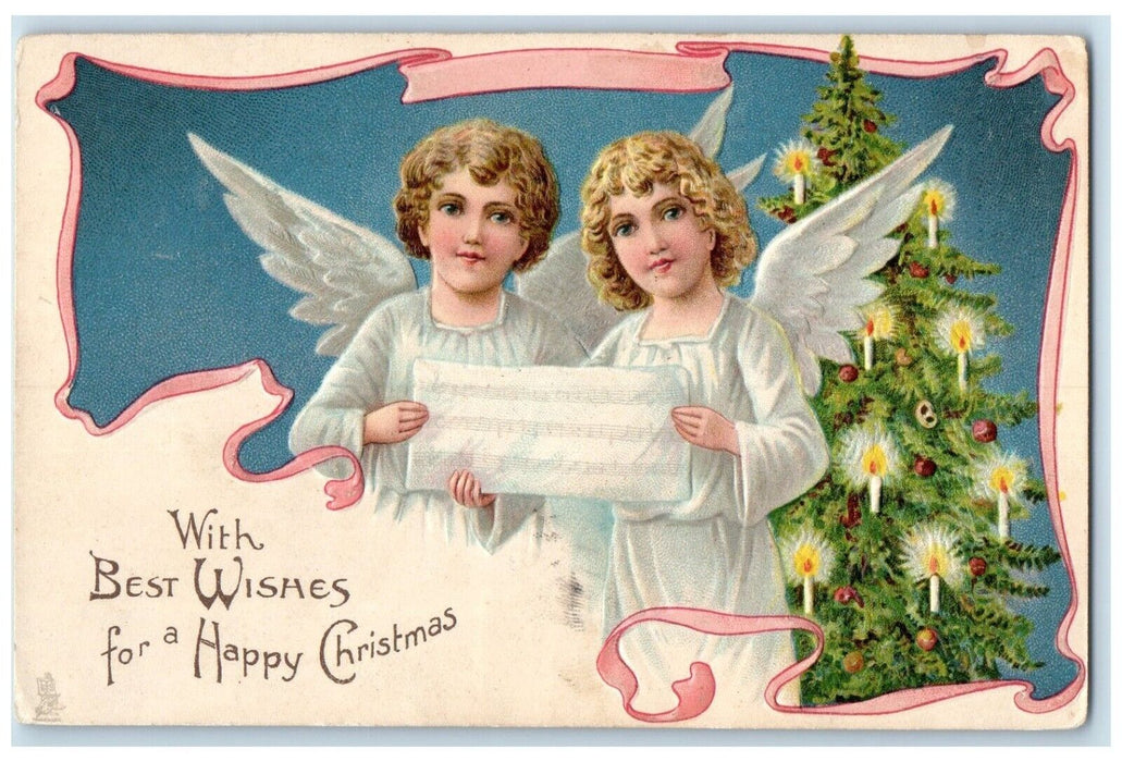 c1910's Christmas Tree Candle Lights Angels Caroling Embossed Tuck's Postcard