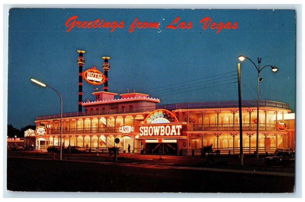 1970 Showboat Hotel Hoover Dam Highway Greetings Las Vegas Nevada NV Postcard