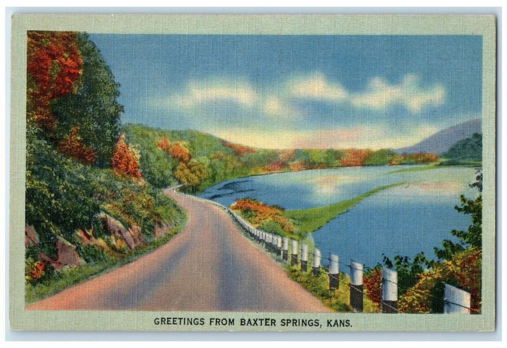 c1940 Greetings From Road Trees River Baxter Springs Kansas KS Vintage Postcard