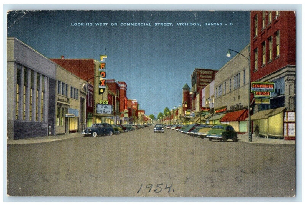 c1940 Looking West Commercial Street Schmierer Exterior Atchison Kansas Postcard