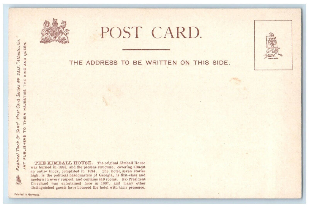 c1905 The Kimball House Street View Bicycle Atlanta Georgia GA Tuck's Postcard