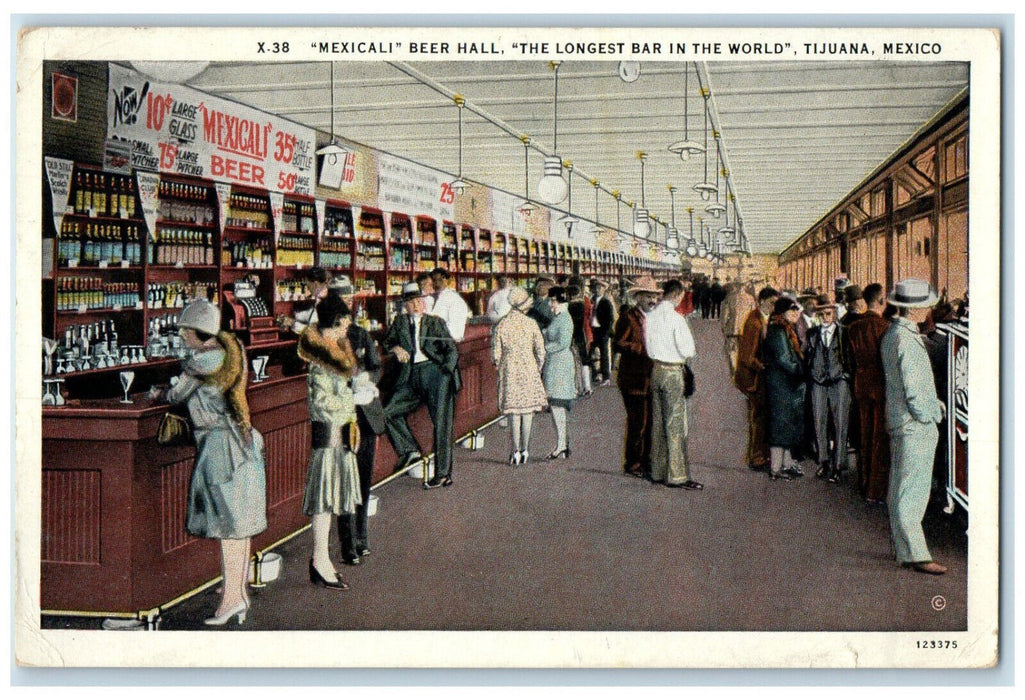 c1920's Mexicali Beer Hall Longest Bar in the World Tijuana Mexico Postcard