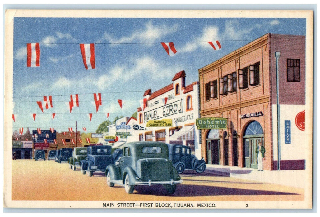 c1940's Red White Decorations Main Street First Block Tijuana Mexico Postcard