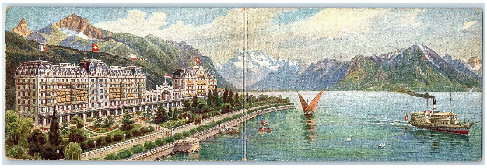 c1910 Montreux Palace Steamboat Montreux Switzerland Fold-Out Postcard