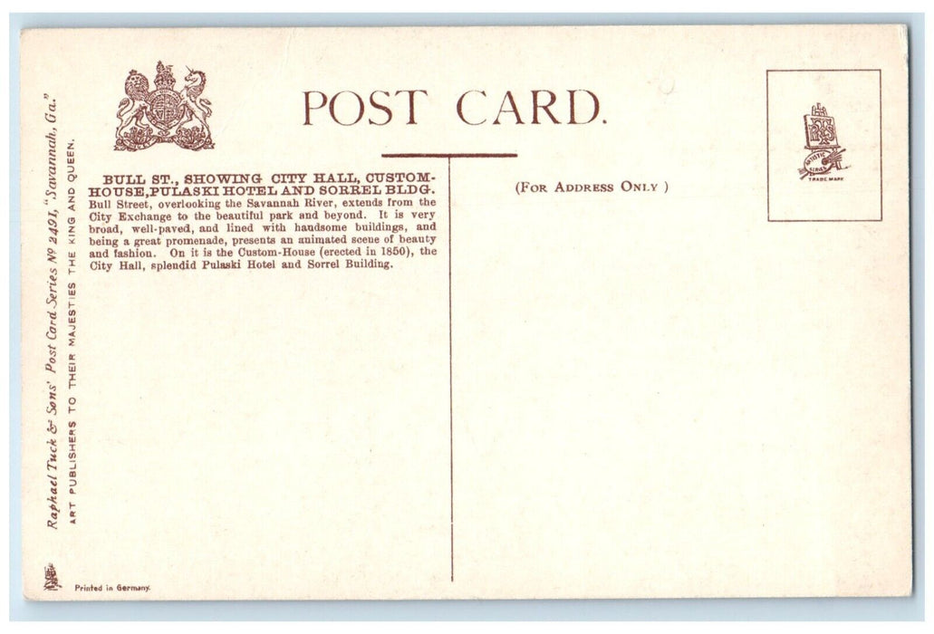 Bull St. City Hall Custom House Pulaski Hotel Savannah Georgia GA Tucks Postcard