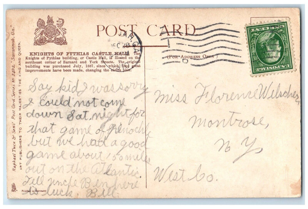 1910 Knights Of Pythias Castle Hall Building Savannah Georgia GA Tuck's Postcard