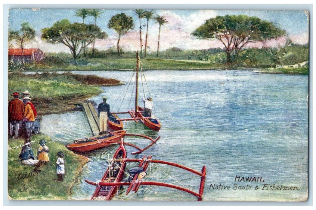 1911 View Of Native Boats & Fishermen Lahaina Hawaii HI Oilette Tuck's Postcard