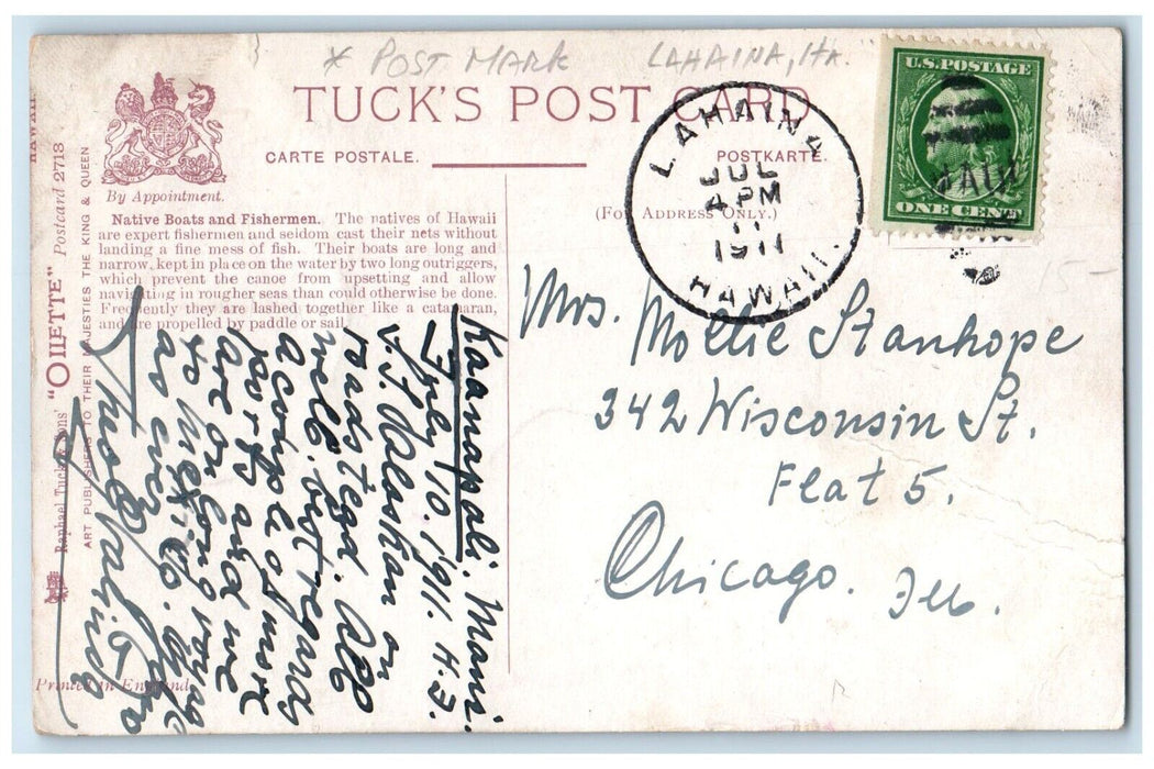1911 View Of Native Boats & Fishermen Lahaina Hawaii HI Oilette Tuck's Postcard