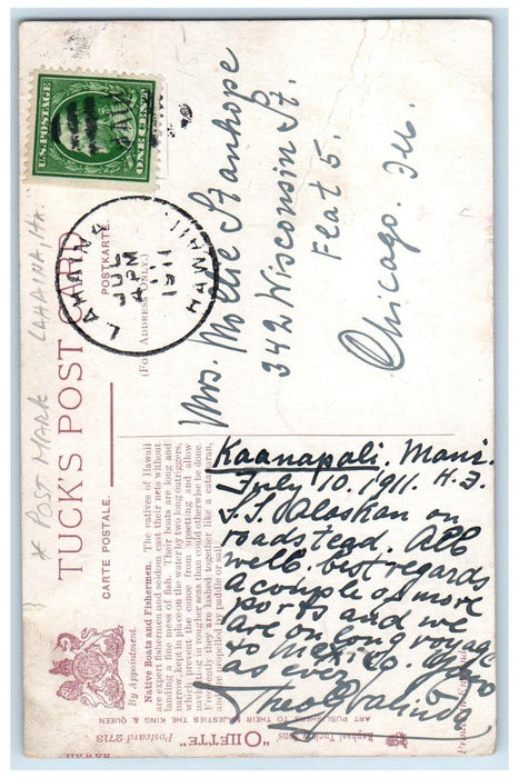 1911 View Of Native Boats & Fishermen Lahaina Hawaii HI Oilette Tuck's Postcard
