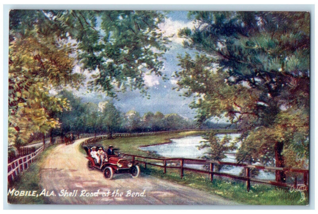 Shell Road At The Bend Car Scene Mobile Alabama AL Oilette Tuck's Postcard