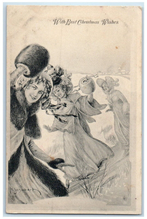 c1910's Christmas Wishes Pretty Girls Handwarmer Winter Tuck's Antique Postcard