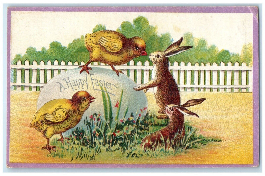 c1910's Easter Giant Egg Bunny Rabbit And Chicks Embossed Antique Postcard