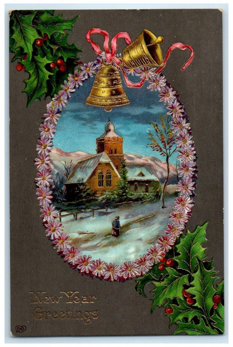 New Year Greetings Winter Church House Bells Gel Gold Gilt EAS Embossed Postcard