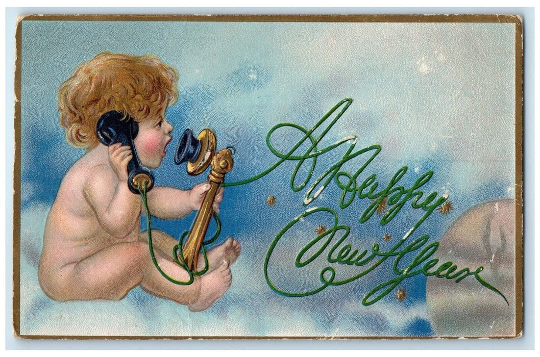 c1910's New Year Baby Talking Telephone Embossed Posted Antique Postcard