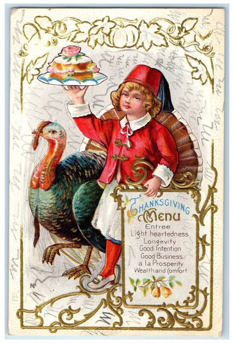 1911 Thanksgiving Menu Chef Boy And Turkey Embossed Nash Antique Postcard