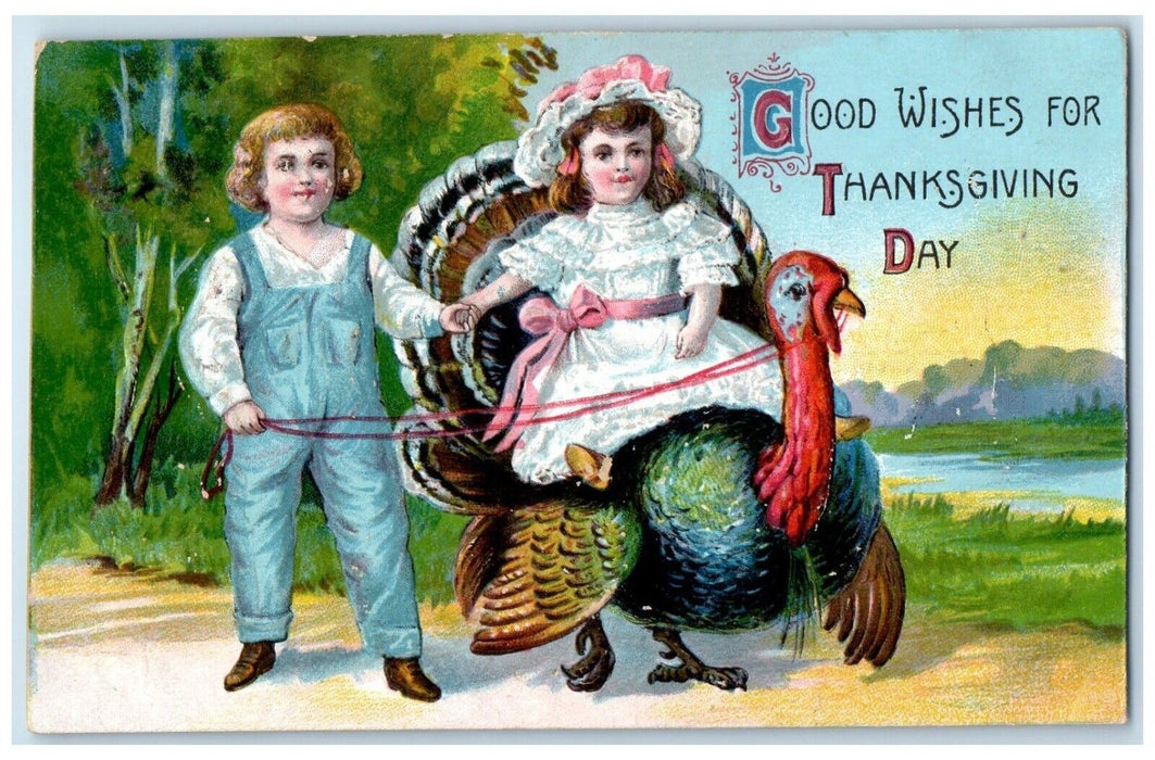 1909 Thanksgiving Day Little Girl Riding Turkey Embossed Buffalo NY Postcard