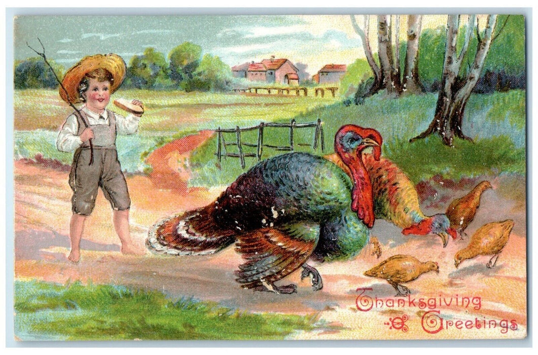 Thanksgiving Greetings Boy Grazing Turkey Embossed Buffalo New York NY Postcard