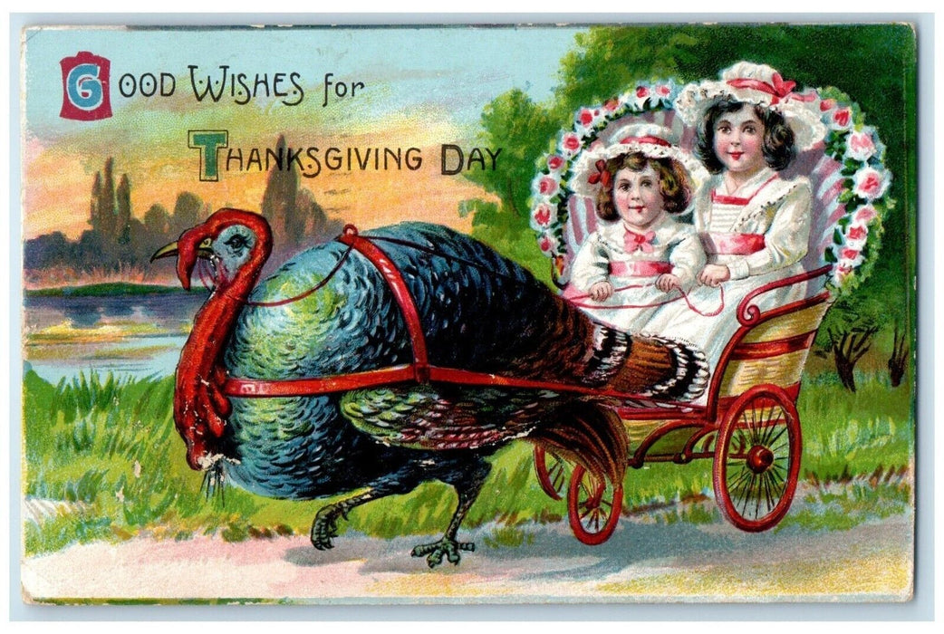 1909 Thanksgiving Day Turkey Pulling Cart Flowers Embossed Buffalo NY Postcard