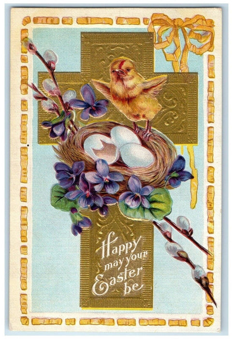 c1910's Easter Cross Chick And Egg Flowers Pipe Berry Embossed Nash Postcard