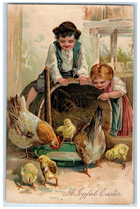 c1910's Easter Children Playing Chicken Hen Baby Chicks Embossed Postcard