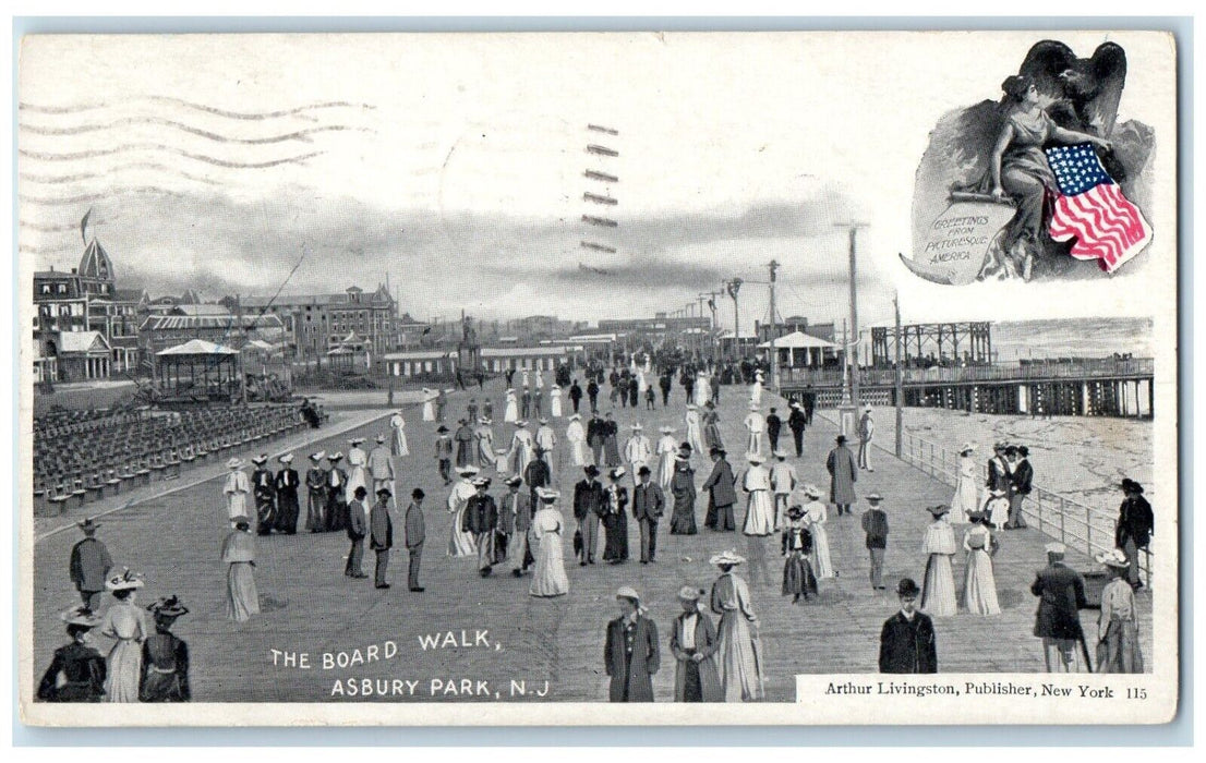 1904 Greetings Picturesque America Board Walk Asbury Park New Jersey NJ Postcard