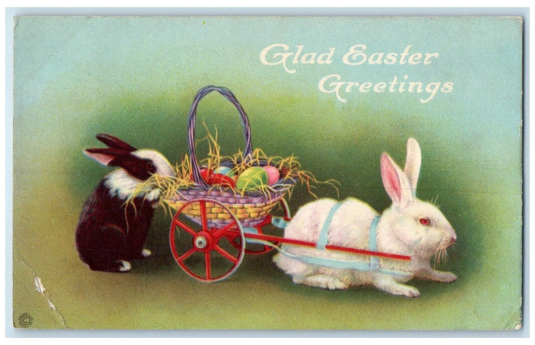 1920 Easter Greetings Rabbit Pulling Wagon Basket Eggs Nurenburg PA Postcard