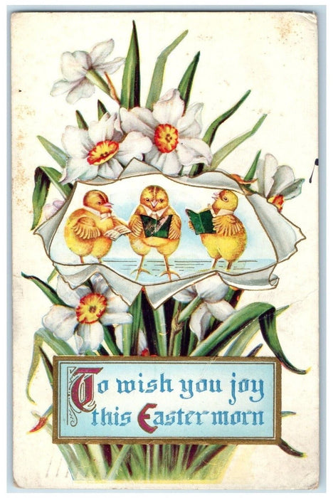 1910 Easter Anthropomorphic Chicks Singing Lily Flowers Embossed Posted Postcard