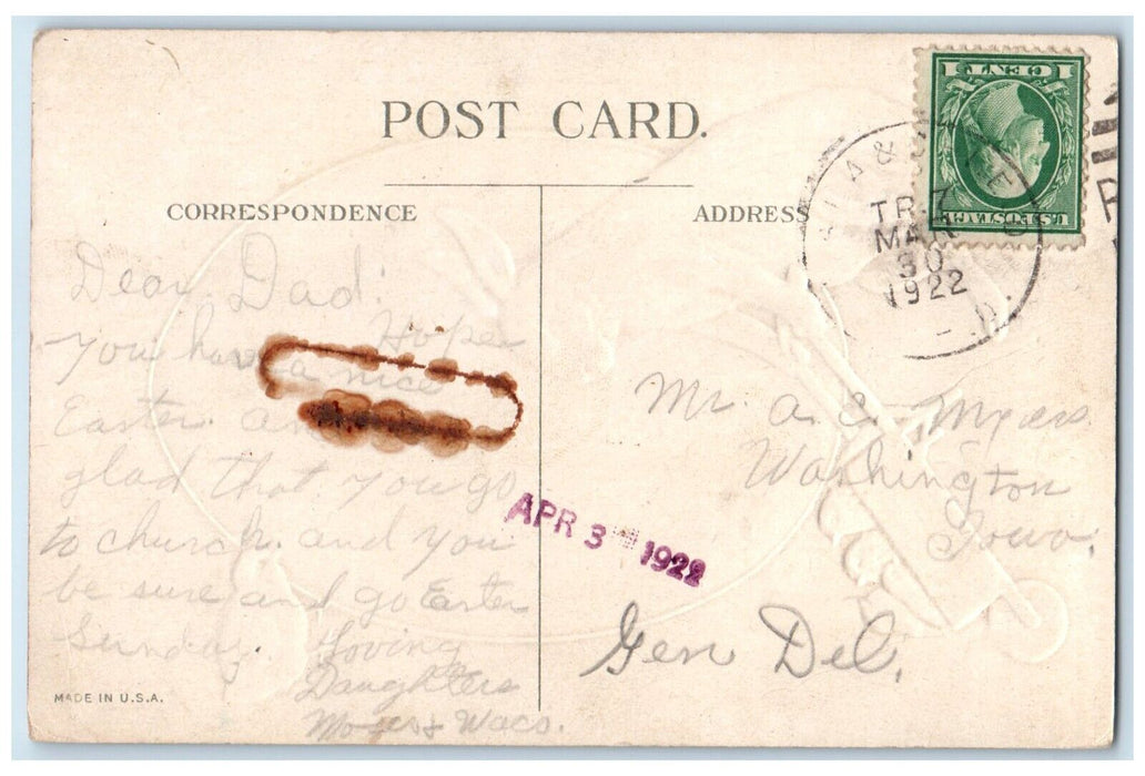 1922 Easter Giant Egg Rabbit Pushing Wagon Baby Chicks Embossed RPO Postcard