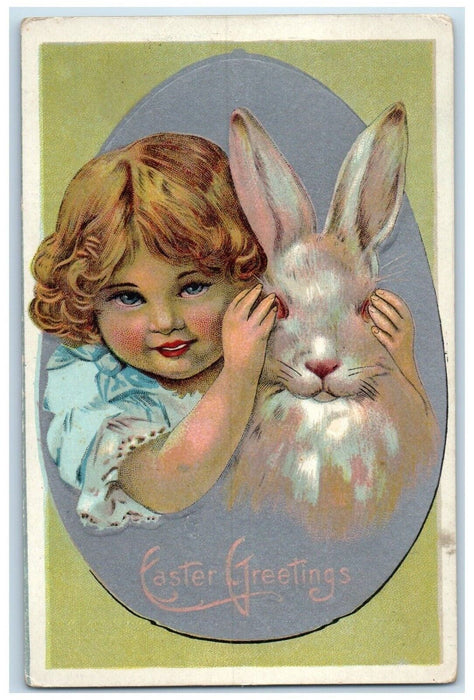 1910 Easter Greetings Big Egg Cute Girl And Rabbit Embossed Antique Postcard