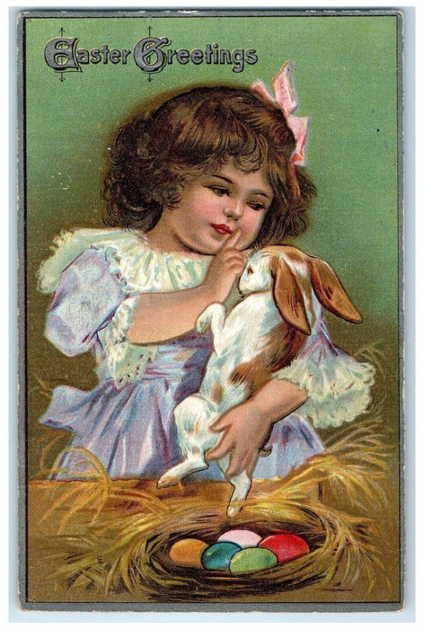 1909 Easter Greetings Cute Girl Rabbit Eggs Nest Mansfield Ohio OH Postcard