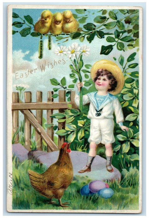 c1905 Easter Wishes Boy Chicken Hen Chicks Flowers Embossed Tucks' Postcard