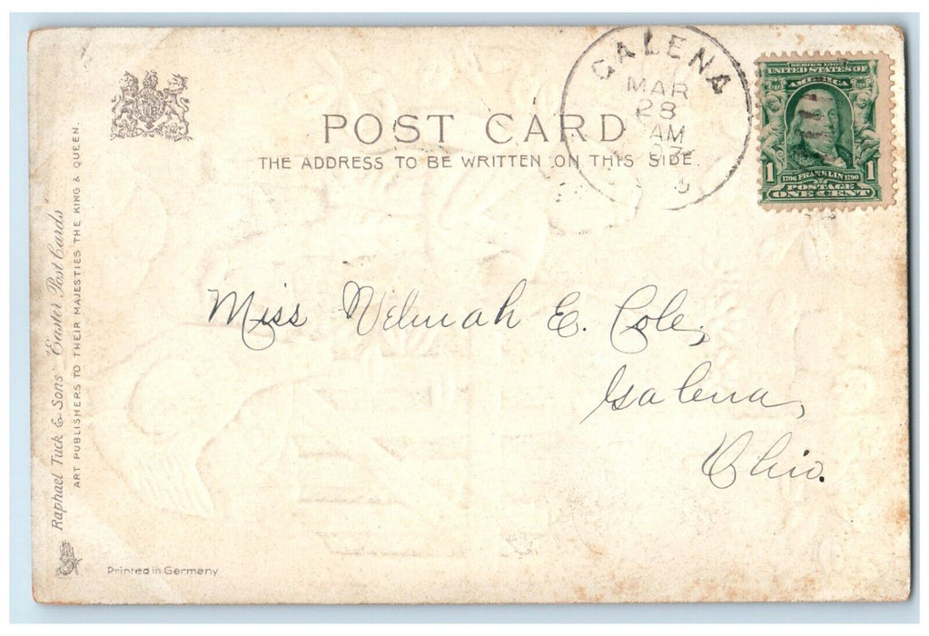 c1905 Easter Wishes Boy Chicken Hen Chicks Flowers Embossed Tucks' Postcard