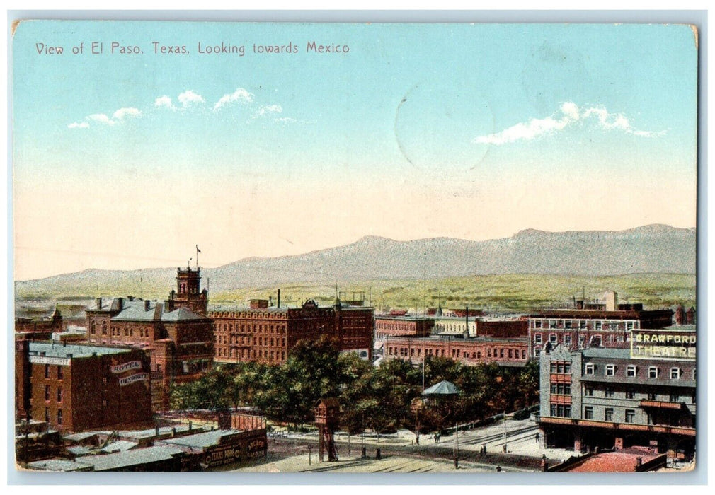 1910 Aerial View Looking Towards Mexico Buildings Road El Paso Texas TX Postcard