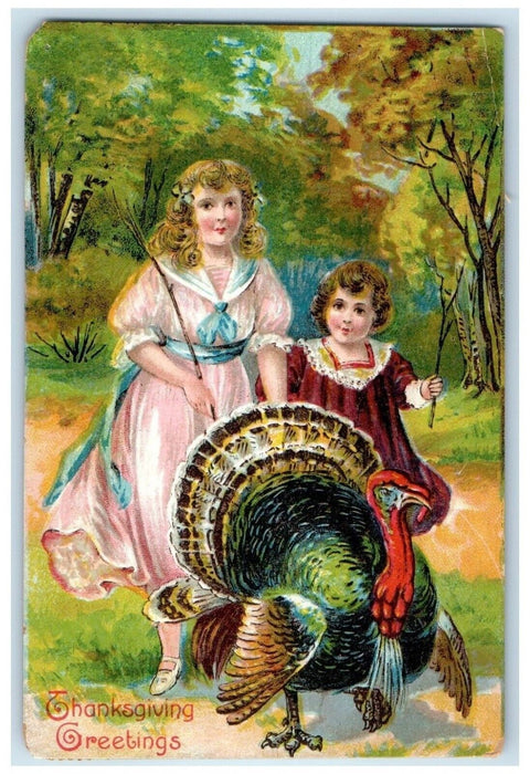 Thanksgiving Greetings Girls Turkey Shermansdale Pennsylvania PA Posted Postcard