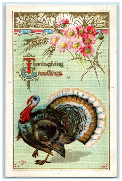 1911 Thanksgiving Greetings Turkey Flowers Embossed Buffalo New York NY Postcard