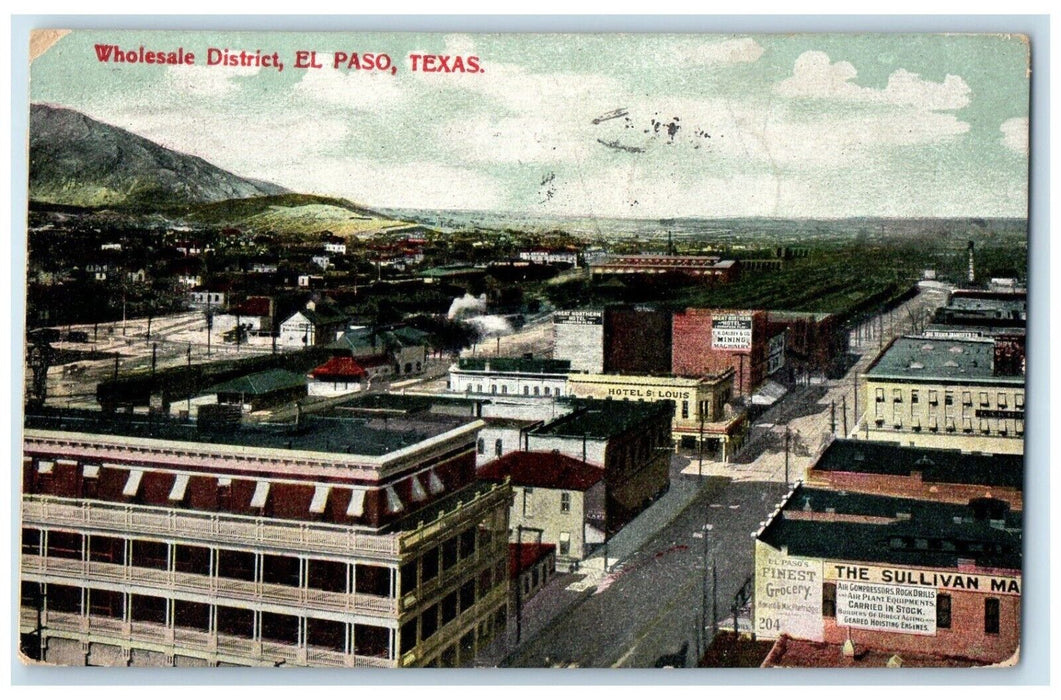c1910 Bird's Eye View Wholesale District Buildings Street El Paso Texas Postcard