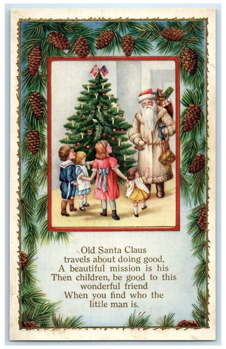 Christmas Tree Santa Claus Brown Suit With Sack Of Toys Pine Cone Postcard