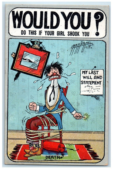 1910 Man On Death Firecracker Carmichael Freeport Illinois IL Antique Postcard