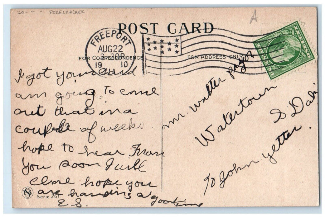 1910 Man On Death Firecracker Carmichael Freeport Illinois IL Antique Postcard