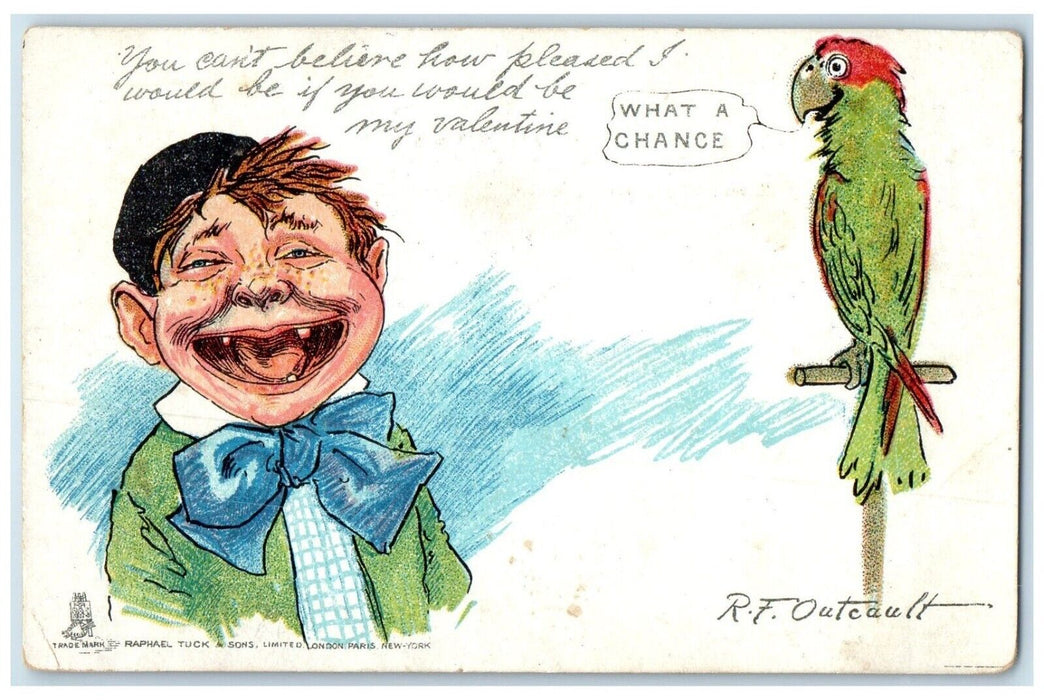 c1905 Valentine Happy Boy Parrot What A Chance Tuck's Outcault Antique Postcard