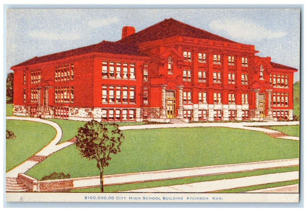 c1910 $100,000 City High School Building Exterior Field Atchison Kansas Postcard