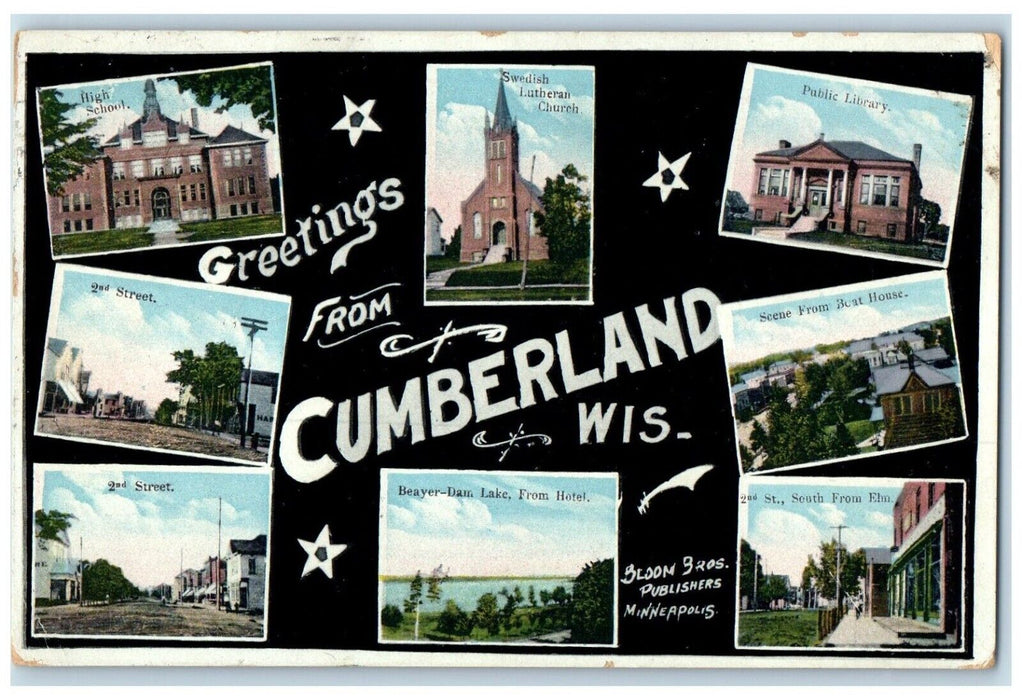 1909 Greetings From Exterior Building Cumberland Wisconsin WI Multiview Postcard