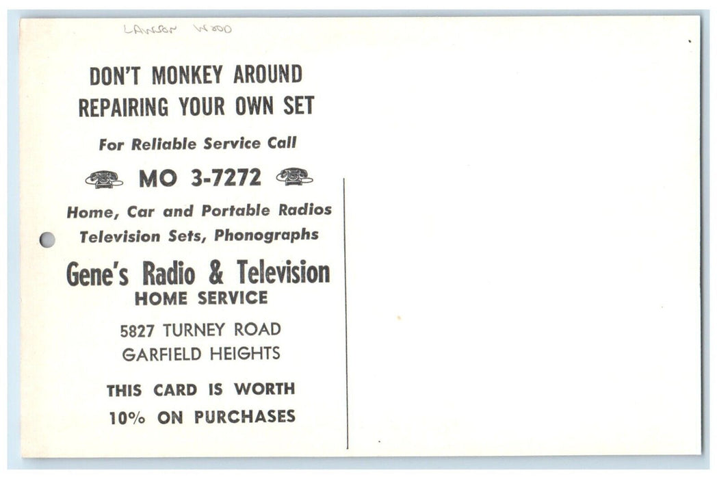 c1960 Gene TV Appliances Lawson Wood Garfield Heights Ohio Advertising Postcard