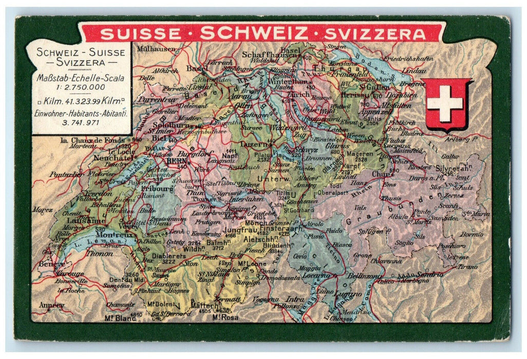 c1910 Map of Switzerland Including Scale and Population Antique Postcard