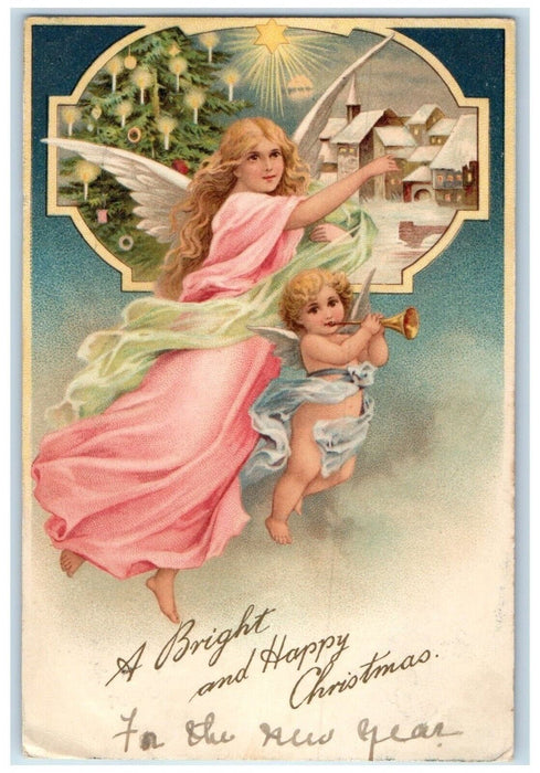 c1910's Christmas Tree Floating Angels Flute House Church Winter Tuck's Postcard