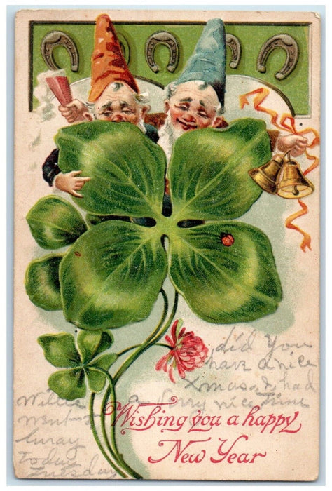 New Year Elves Gnomes Fantasy Clover Lady Bug Horseshoe Embossed Posted Postcard